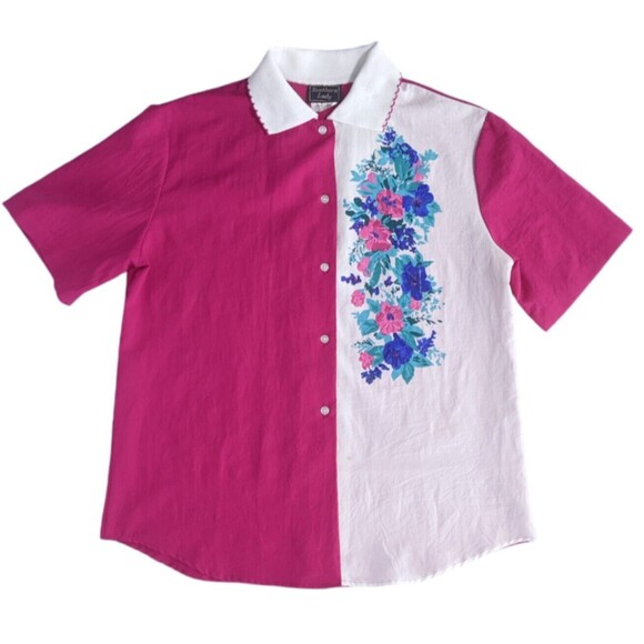 Vtg Women's Floral Shirt M Medium Pink Blue Flowers Color Block Blouse Art Pop - Picture 1 of 9